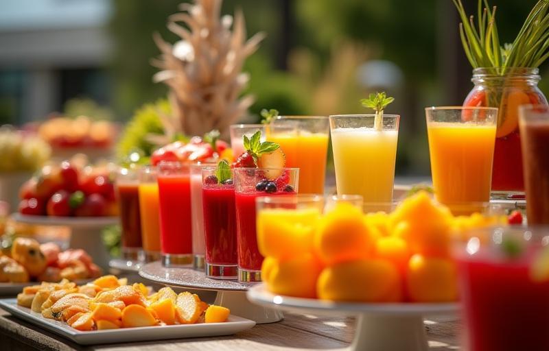 Display of fresh juices and fruits at a catered event.