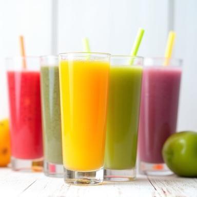 Assortment of colorful smoothies.